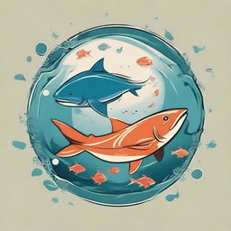 Modify the image depicting Pisces symbol, replacing the dog with two fish swimming in a circular motion, maintaining the shark jacket for a mix of surreal and playful.