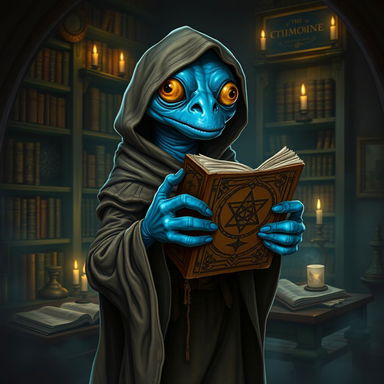 A froglike humanoid creature with vivid blue skin, resembling a grung, holds the ancient tome 'The Grimoire of Cthulhu' in one webbed hand