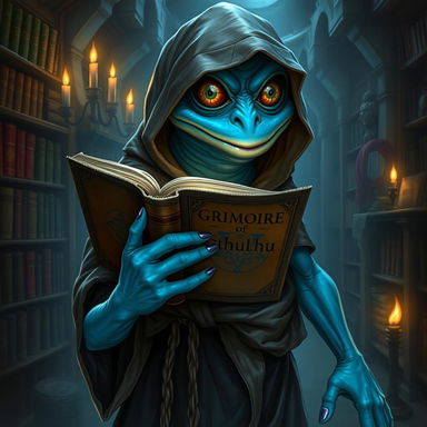 A froglike humanoid creature with vivid blue skin, resembling a grung, holds the ancient tome 'The Grimoire of Cthulhu' in one webbed hand