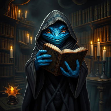 A froglike humanoid creature with striking blue skin, resembling a grung, holds the ancient tome 'The Grimoire of Cthulhu' in one webbed hand