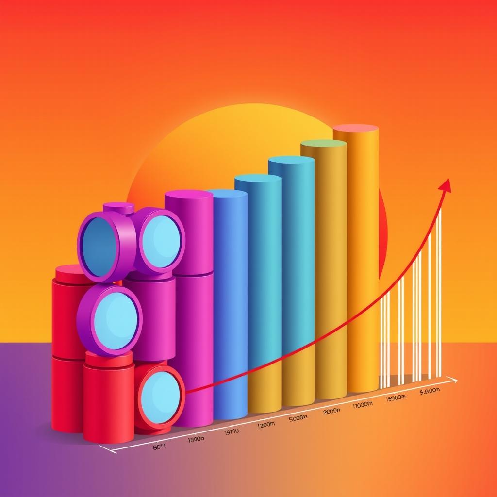 An illustration of a rapidly rising population counter, depicted using vibrant colored cylinders