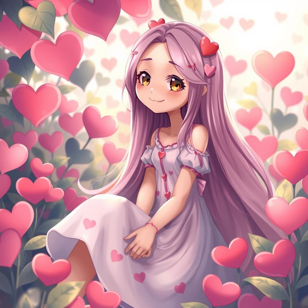 A whimsical portrait of a character named Vera seated in a garden filled with vibrant heart-shaped flowers