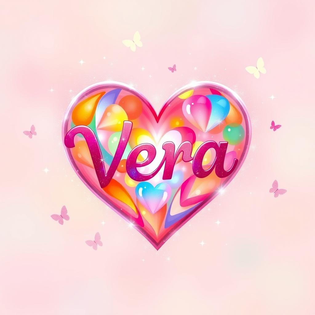 The name 'Vera' artistically arranged within a heart shape, filled with vibrant colors, surrounded by a sparkling, whimsical aura
