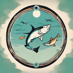 Modify the image depicting Pisces symbol, replacing the dog with two fish swimming in a circular motion, maintaining the shark jacket for a mix of surreal and playful.