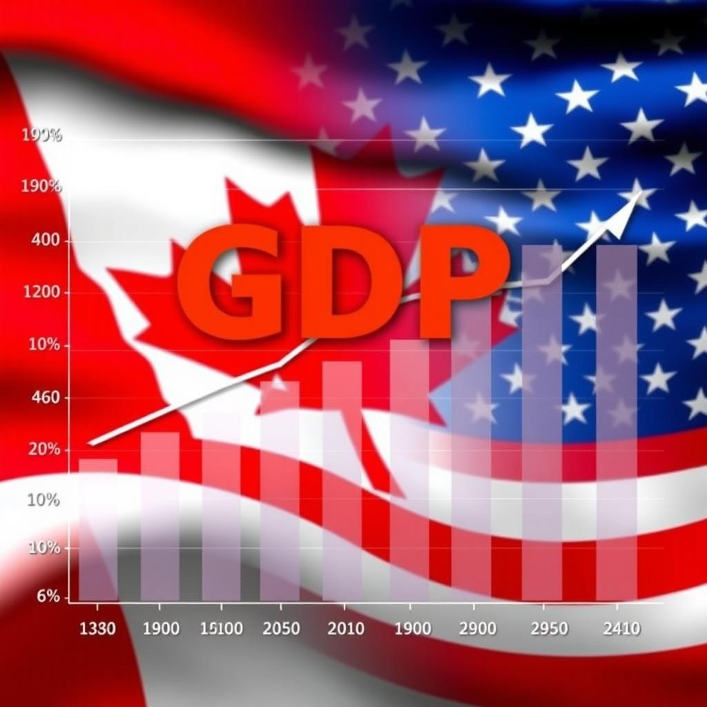 A visually striking chart showcasing the GDP growth of Canada and America, represented with their respective flags merging seamlessly together in the background
