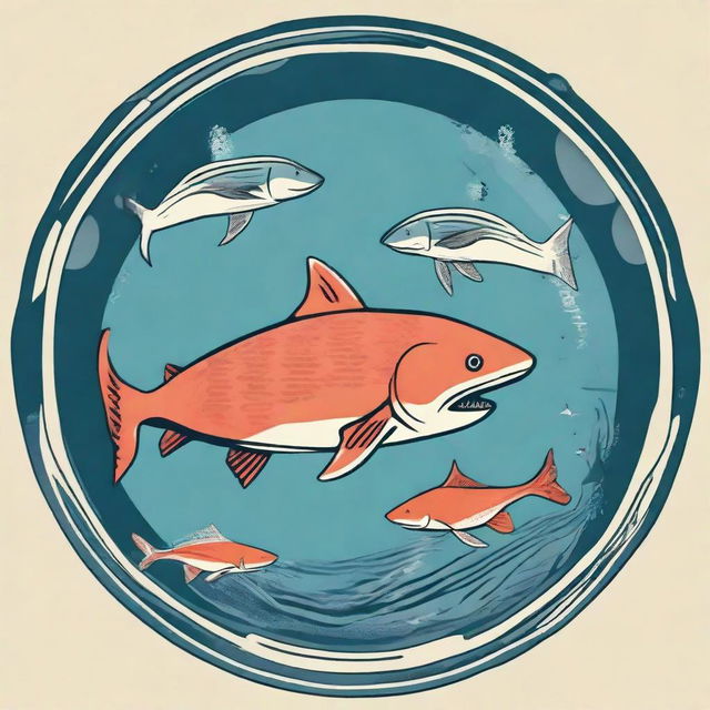 Modify the image depicting Pisces symbol, replacing the dog with two fish swimming in a circular motion, maintaining the shark jacket for a mix of surreal and playful.