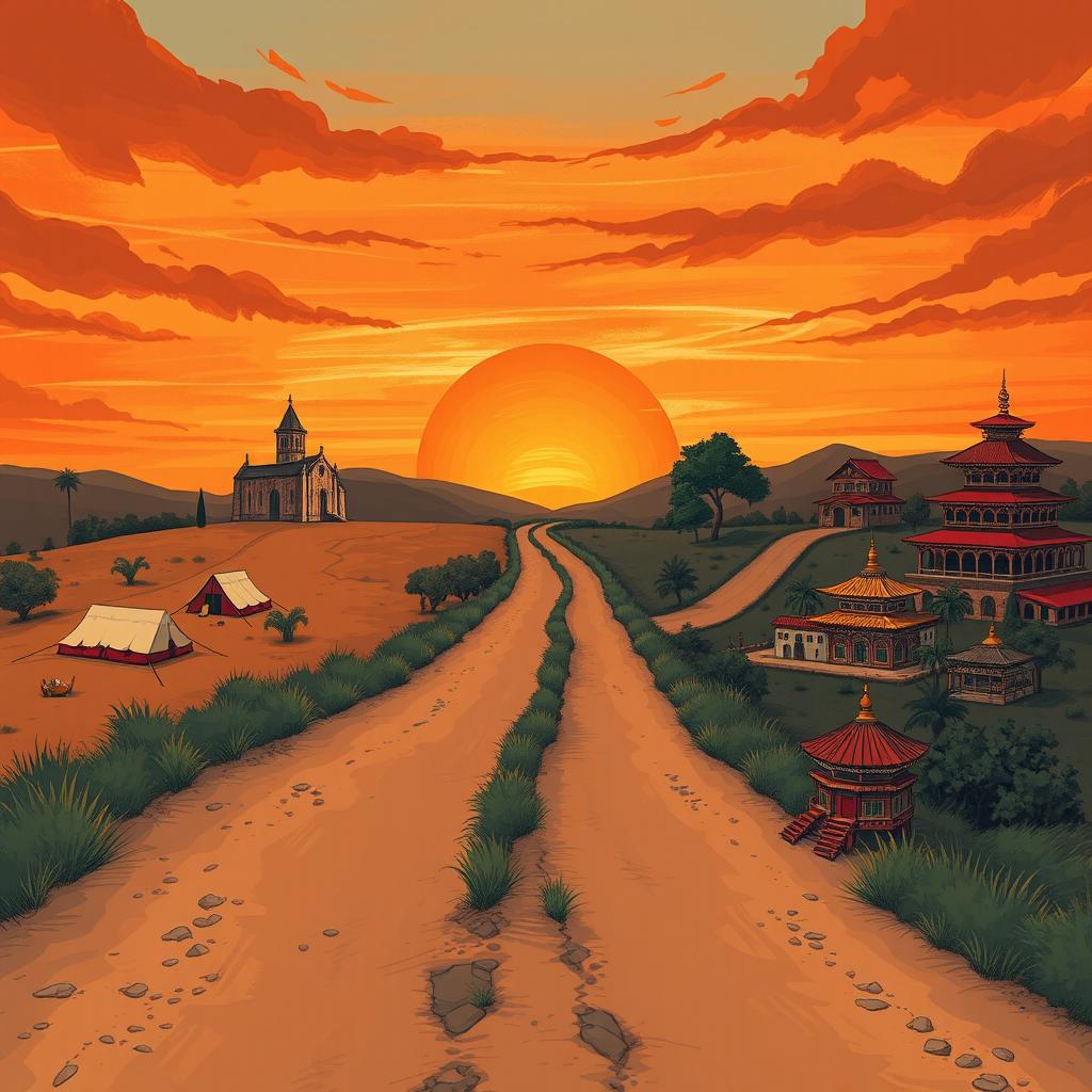 An illustrated cover in an artistic style that blends vintage and contemporary elements, featuring a dirt road that splits into various paths