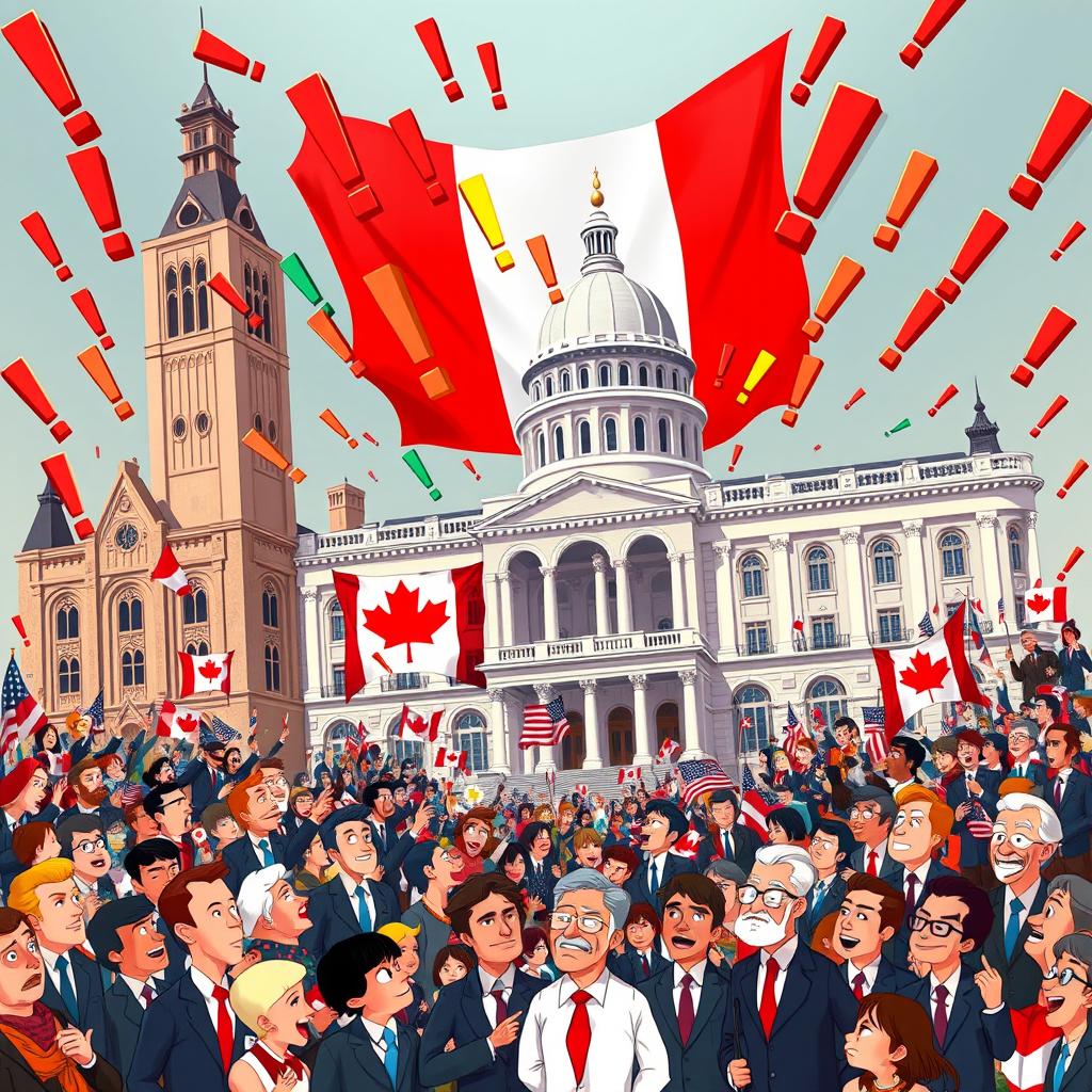 An animated scene depicting the Canadian Parliament and the US Congress merging together in a lively and chaotic atmosphere