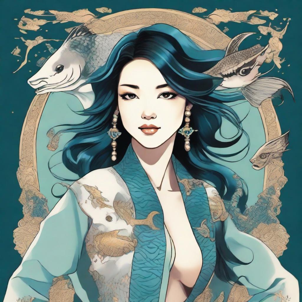 Transform the Pisces symbol into a graceful woman who embodies the character of Pisces, retaining elements of the original design such as the shark jacket, with the two fishes subtly integrated into her attire or accessories.