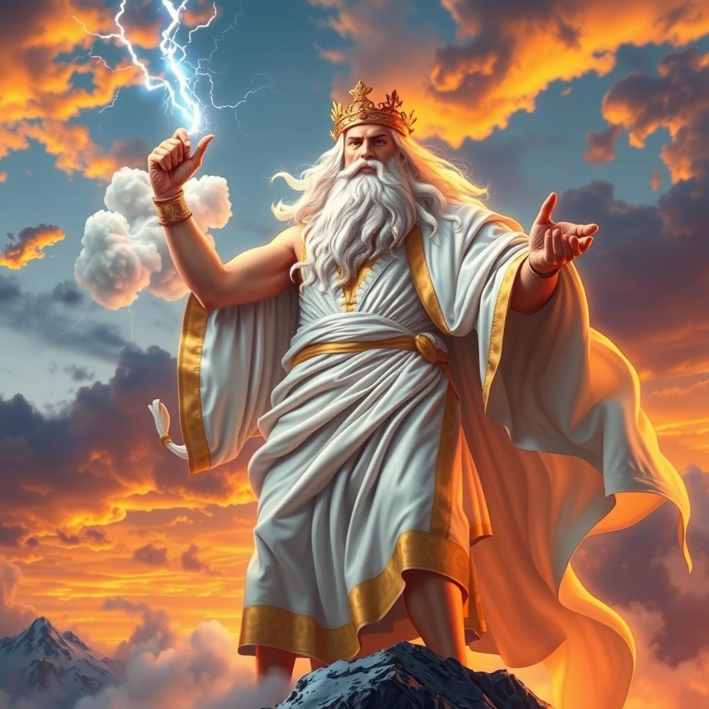 A majestic representation of Zeus, the Greek god of thunder, standing atop Mount Olympus with a powerful, regal aura