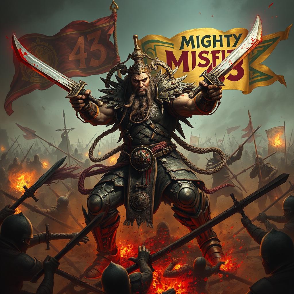 A daunting and bloody war god, powerfully smashing through enemies on a chaotic battlefield wielding dual swords
