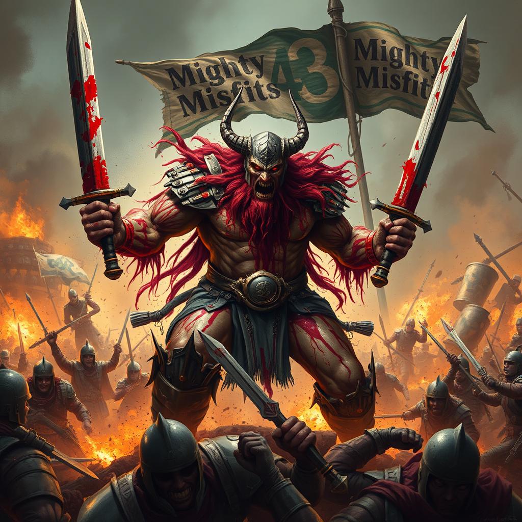 A terrifying war god covered in blood, boldly smashing through enemies on a chaotic battlefield