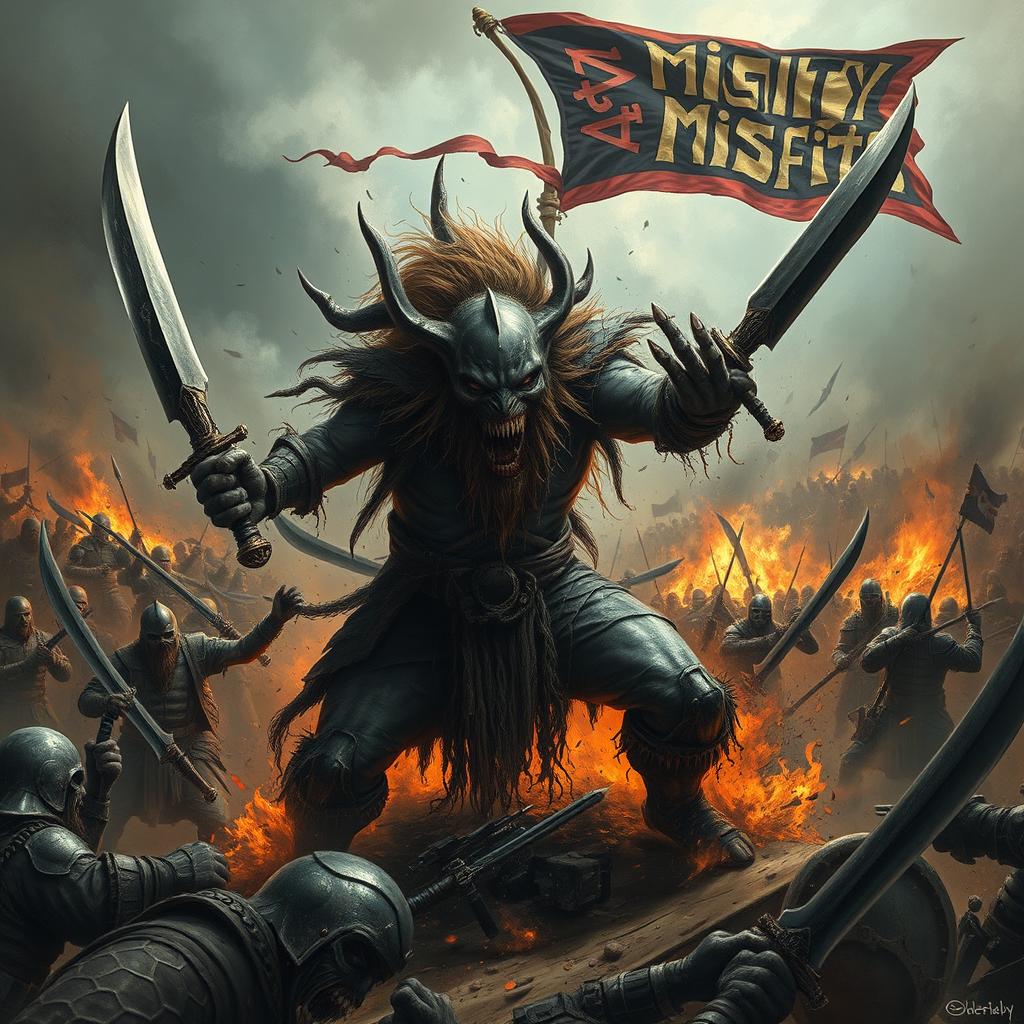 A creepy war god fiercely engaged in combat, smashing through enemies on a tumultuous battlefield