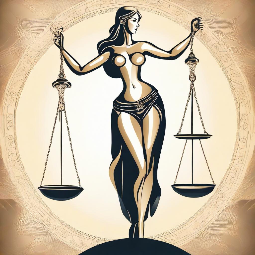 Create an image of Libra, the zodiac sign, depicted as an elegant woman balancing the scales, demonstrating equilibrium and harmony.