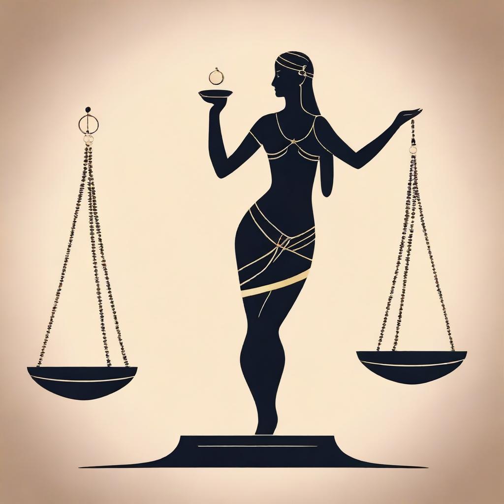 Create an image of Libra, the zodiac sign, depicted as an elegant woman balancing the scales, demonstrating equilibrium and harmony.