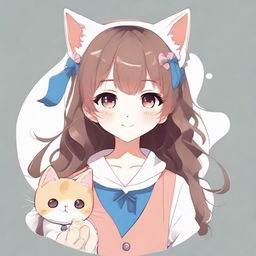 Create an image of a cute anime-style girl with cat-themed elements, such as ears and a tail, expressing lively and adorable emotions.