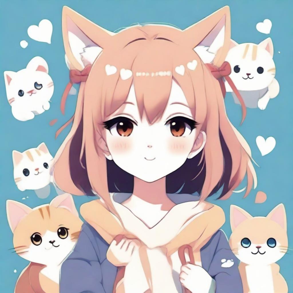 Create an image of a cute anime-style girl with cat-themed elements, such as ears and a tail, expressing lively and adorable emotions.