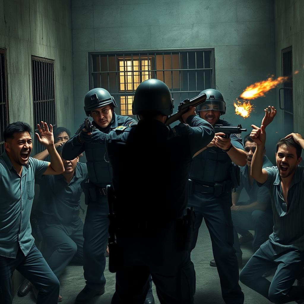 A tense scene depicting police officers engaging in a standoff with inmates in a prison environment reminiscent of Carandiru