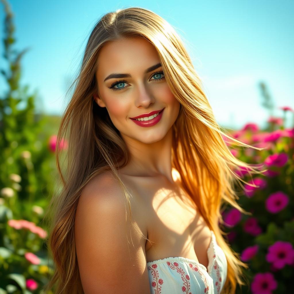 A portrait of a stunning woman with long flowing hair, bright blue eyes, and glowing skin