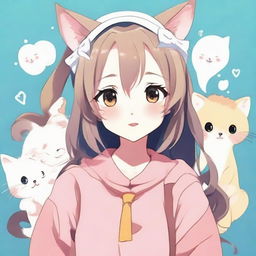 Create an image of a cute anime-style girl with cat-themed elements, such as ears and a tail, expressing lively and adorable emotions.