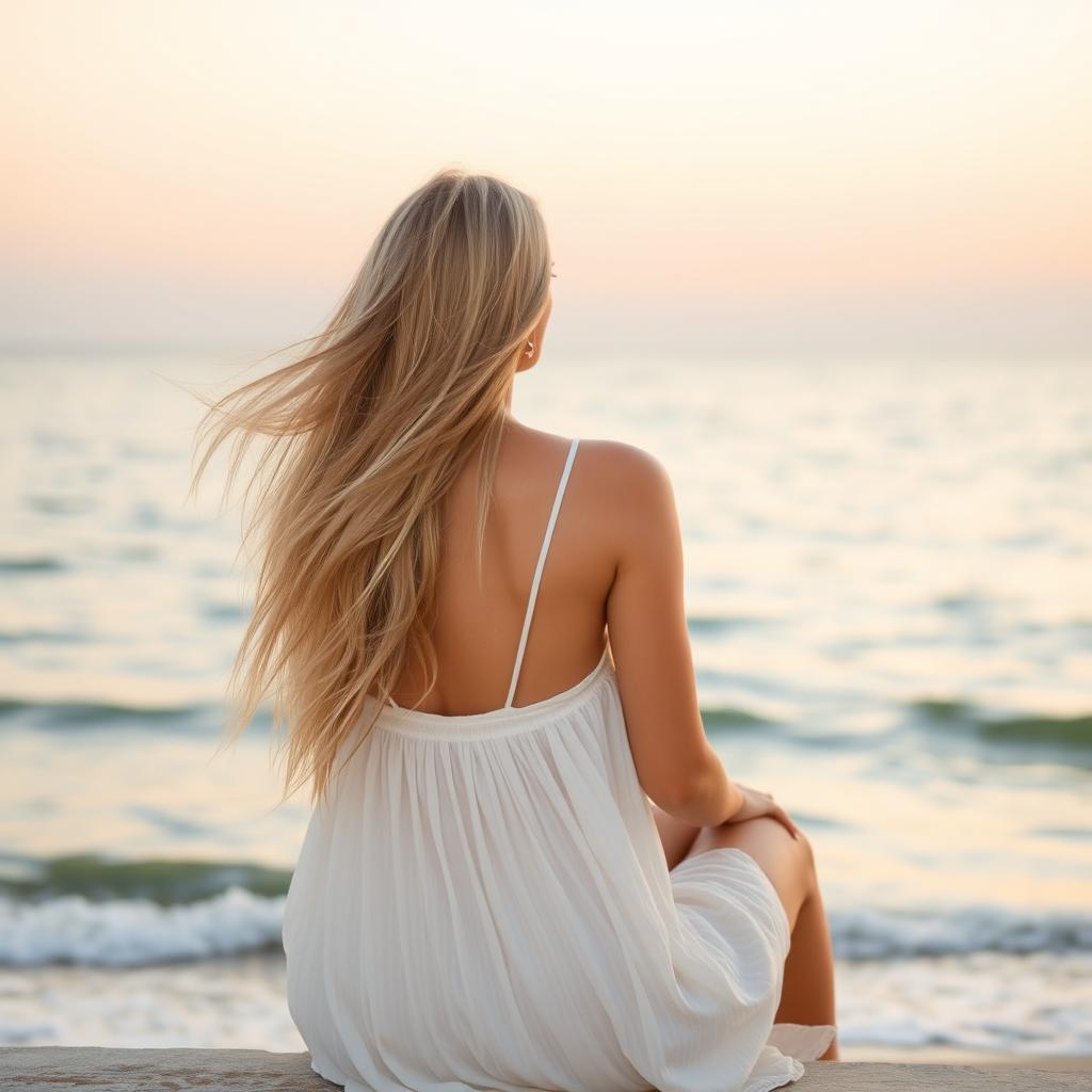 A beautiful blonde woman sitting in front of the sea, viewed from a slight angle behind her
