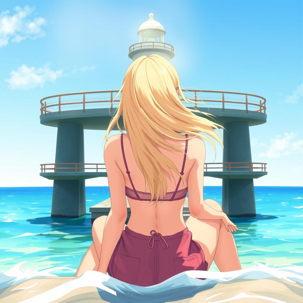 A blonde woman sitting in front of a pier lighthouse, viewed from a back perspective