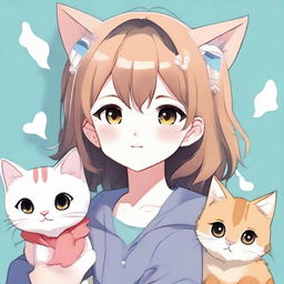 Create an image of a cute anime-style girl with cat-themed elements, such as ears and a tail, expressing lively and adorable emotions.