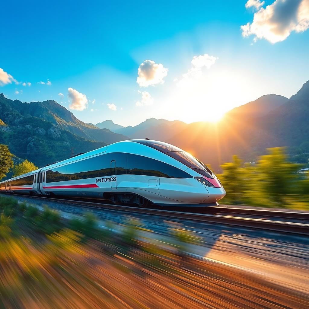 A sleek and modern express train, named "Spx Express," speeding through a picturesque landscape, with scenic mountains and lush greenery in the background