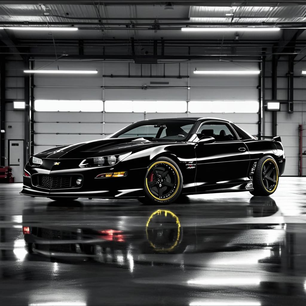 "A surreal image of a sleek black modified 1999 Camaro SS
