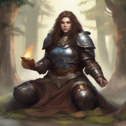 A dwarven female kineticist, in a state of deep meditation, wearing her rugged heavy armor. Surrounding her, the tangible energies of earth and wood rise and float, creating a serene and mystical ambiance.