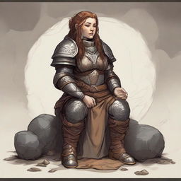 A dwarven female kineticist, in a state of deep meditation, wearing her rugged heavy armor. Surrounding her, the tangible energies of earth and wood rise and float, creating a serene and mystical ambiance.