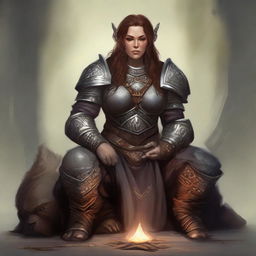 A dwarven female kineticist, in a state of deep meditation, wearing her rugged heavy armor. Surrounding her, the tangible energies of earth and wood rise and float, creating a serene and mystical ambiance.