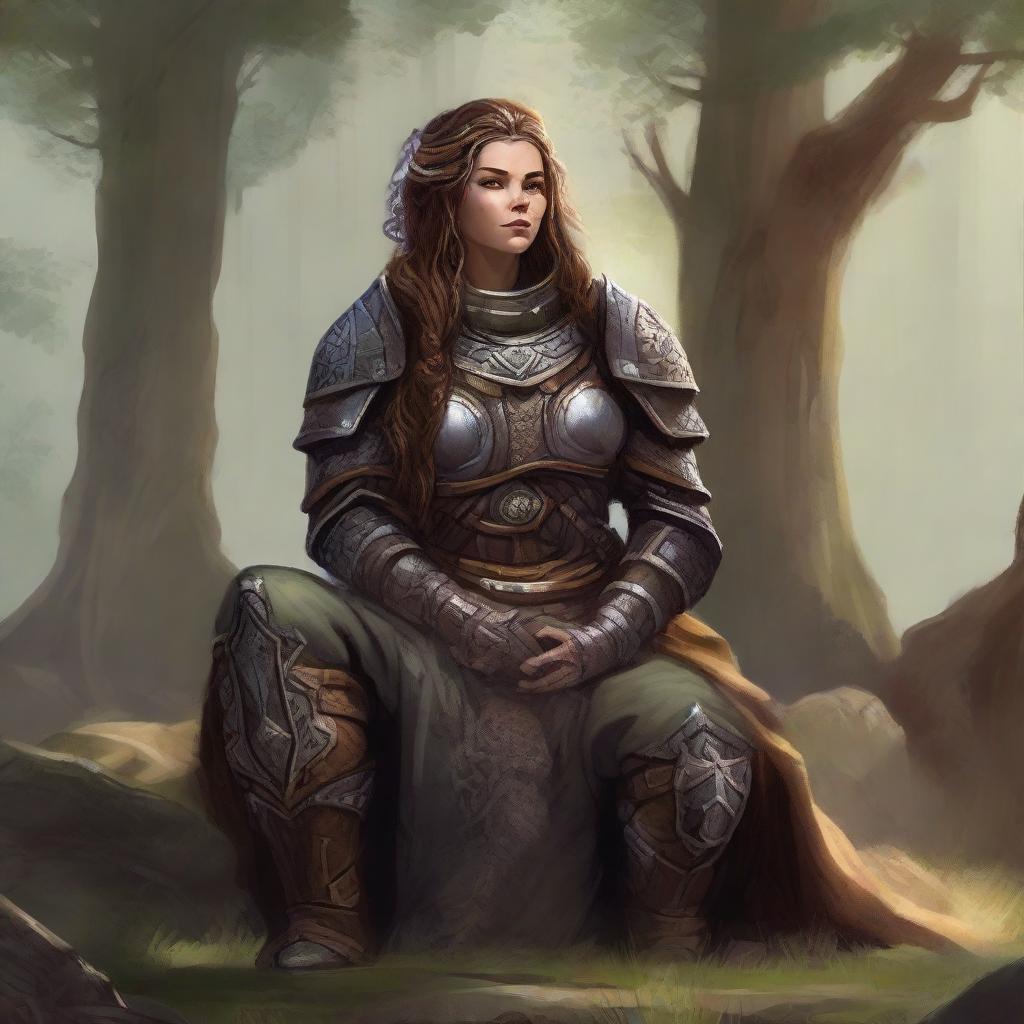 A dwarven female kineticist, in a state of deep meditation, wearing her rugged heavy armor. Surrounding her, the tangible energies of earth and wood rise and float, creating a serene and mystical ambiance.