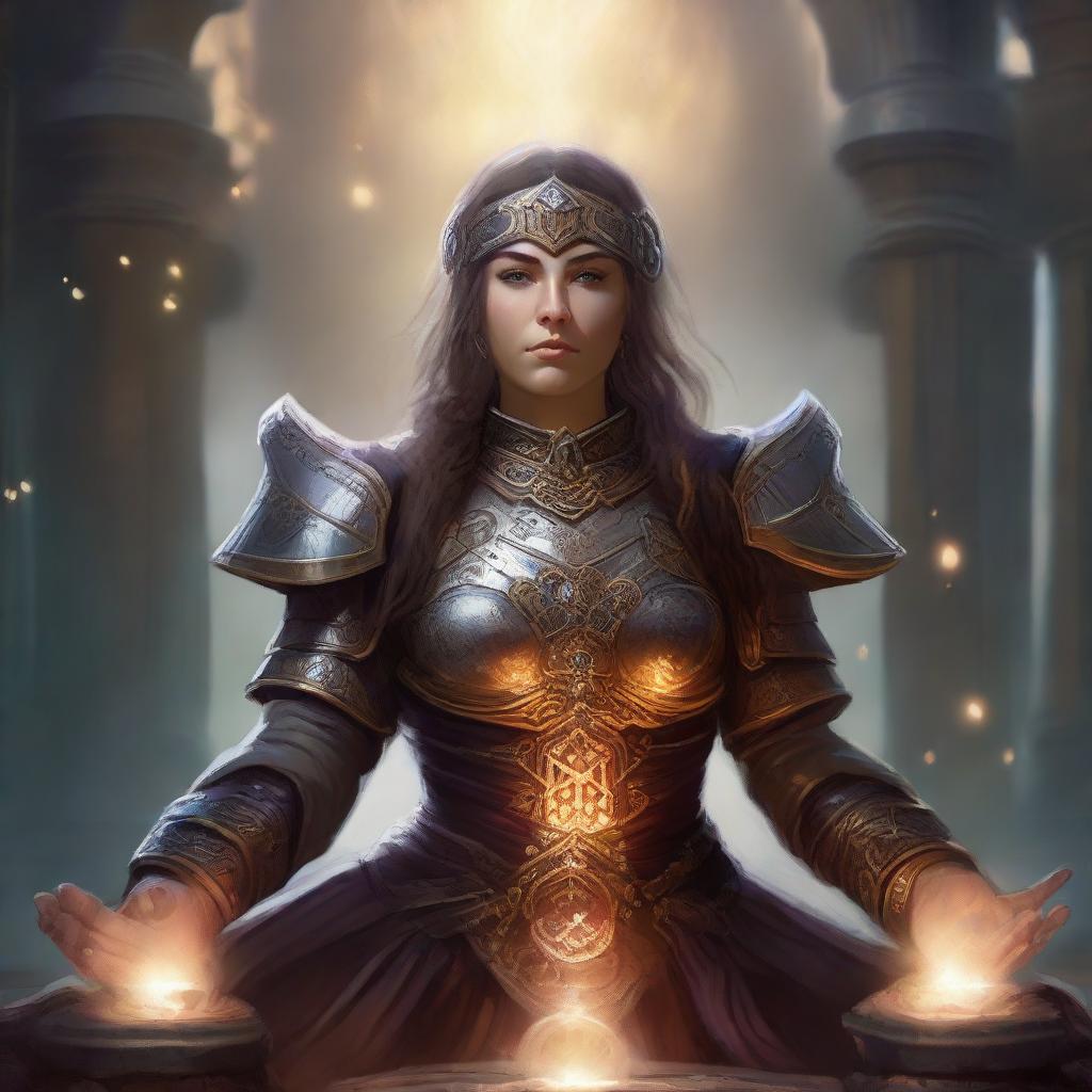 A dwarven female kineticist, attired in her sturdy heavy armor, meditates serenely. An ethereal display of earthly energy pulses and floats around her, highlighting her connection with the elemental forces.