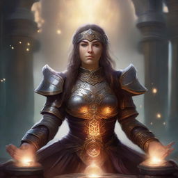 A dwarven female kineticist, attired in her sturdy heavy armor, meditates serenely. An ethereal display of earthly energy pulses and floats around her, highlighting her connection with the elemental forces.