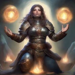 A dwarven female kineticist, attired in her sturdy heavy armor, meditates serenely. An ethereal display of earthly energy pulses and floats around her, highlighting her connection with the elemental forces.