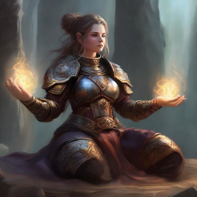 A dwarven female kineticist, attired in her sturdy heavy armor, meditates serenely. An ethereal display of earthly energy pulses and floats around her, highlighting her connection with the elemental forces.