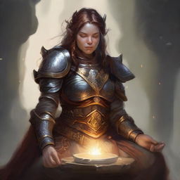 A dwarven female kineticist, attired in her sturdy heavy armor, meditates serenely. An ethereal display of earthly energy pulses and floats around her, highlighting her connection with the elemental forces.