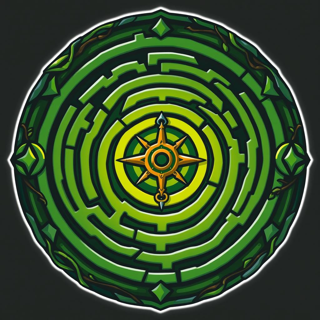 A stylized logo for a fictional labyrinth, featuring intricate, twisting paths and ornate designs that evoke a sense of mystery and adventure