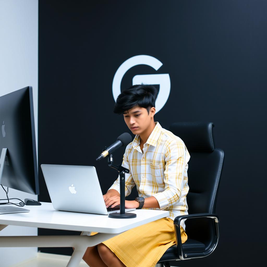 A 21-year-old boy seated at a modern computer desk, wearing a stylish white and yellow checkered shirt with a skirt