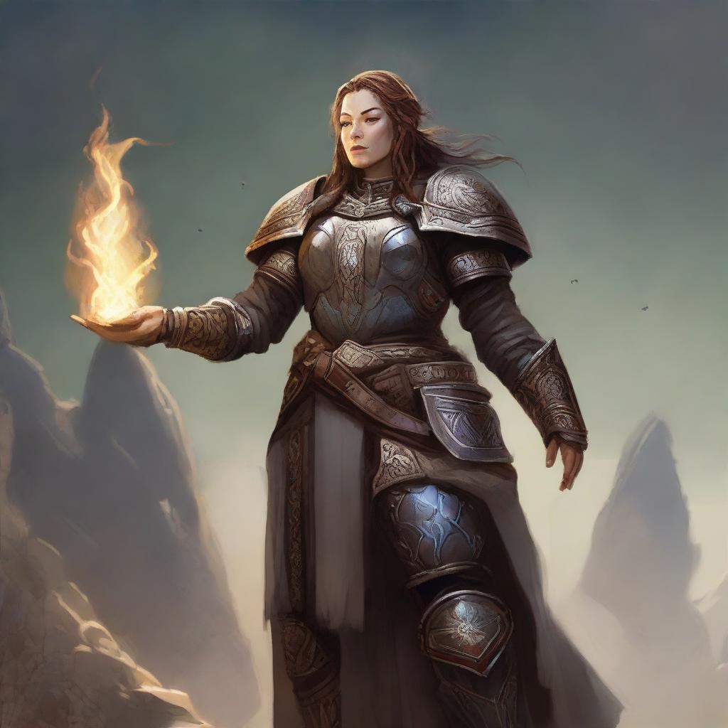 Immersed in a peaceful meditation, a dwarven female kineticist, clad in her resilient heavy armor, conjures a display of earthly energy that pulsates and levitates around her in harmonious alignment with her inner tranquility.