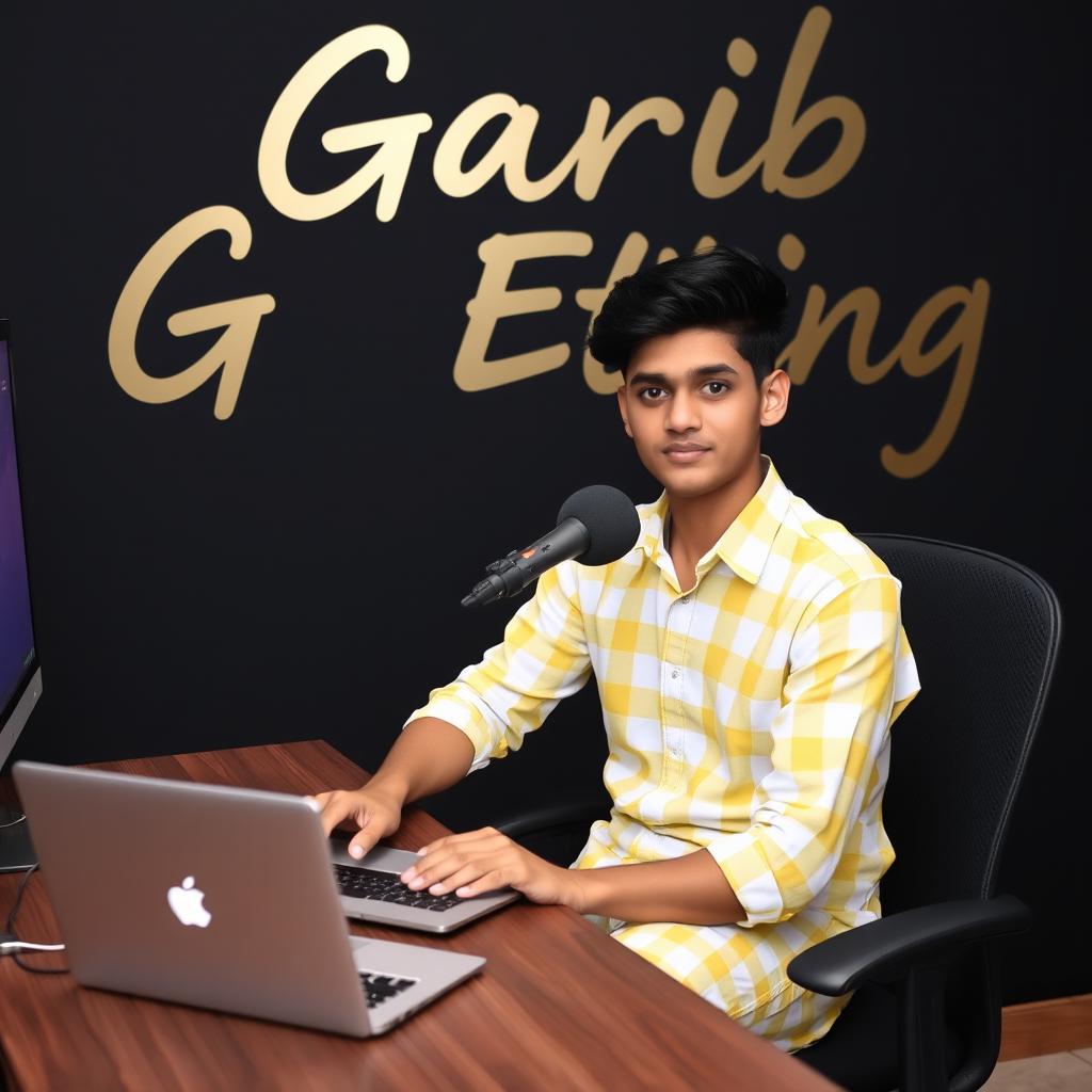 A 21-year-old young man sitting in front of a computer desk, with a microphone and laptop in front of him