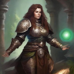 Immersed in a peaceful meditation, a dwarven female kineticist, clad in her resilient heavy armor, conjures a display of earthly energy that pulsates and levitates around her in harmonious alignment with her inner tranquility.