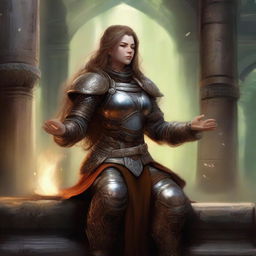 Immersed in a peaceful meditation, a dwarven female kineticist, clad in her resilient heavy armor, conjures a display of earthly energy that pulsates and levitates around her in harmonious alignment with her inner tranquility.