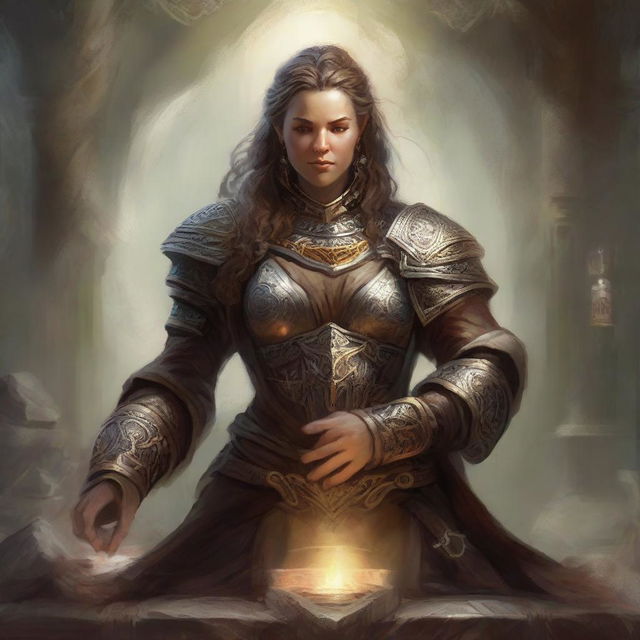 Immersed in a peaceful meditation, a dwarven female kineticist, clad in her resilient heavy armor, conjures a display of earthly energy that pulsates and levitates around her in harmonious alignment with her inner tranquility.