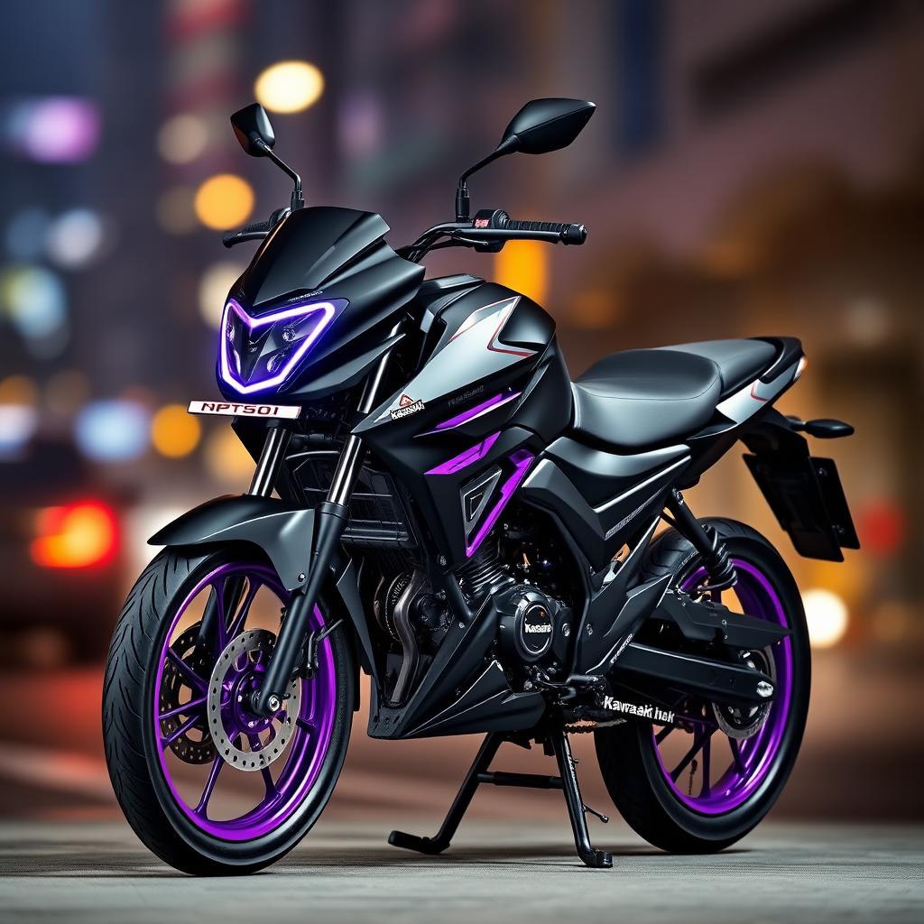A Kawasaki Pulsar N250 motorcycle, featuring a sleek design, showcased in a striking black color with vivid violet accents throughout