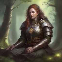 A dwarven female kineticist, donned in her formidable heavy armor, meditates in tranquility. A visible aura of pulsating earthly energy floats around her, symbolizing her deep connection with nature's elements.