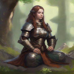 A dwarven female kineticist, donned in her formidable heavy armor, meditates in tranquility. A visible aura of pulsating earthly energy floats around her, symbolizing her deep connection with nature's elements.