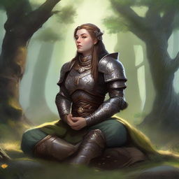 A dwarven female kineticist, donned in her formidable heavy armor, meditates in tranquility. A visible aura of pulsating earthly energy floats around her, symbolizing her deep connection with nature's elements.