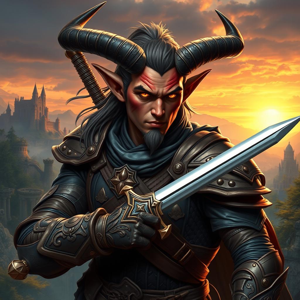 A human tiefling warrior in an epic fantasy setting, showcasing a unique blend of human features and tiefling traits, such as prominent curved horns, vibrant skin tones, and glowing eyes